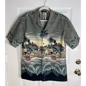 Royal Creations Hawaiian Shirt Olive Green Beach Scene Polynesian Boat Men's L